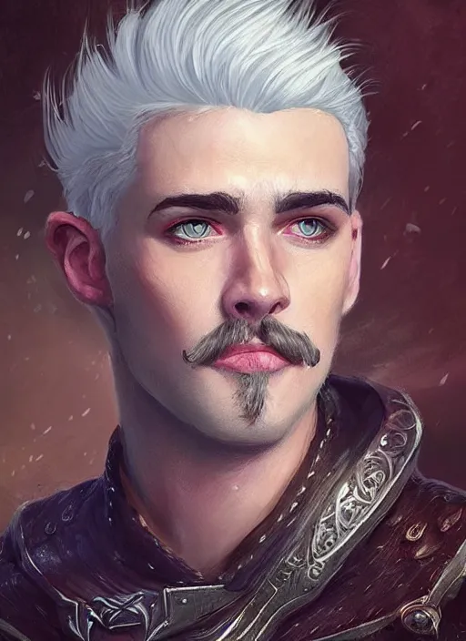 Image similar to young man with short white fringe white hair and moustache, tristan fulcher, livedoce, dndbeyond, bright, colourful, realistic, dnd character portrait, full body, pathfinder, pinterest, art by ralph horsley, dnd, rpg, lotr game design fanart by concept art, behance hd, artstation, deviantart, hdr render in unreal engine 5