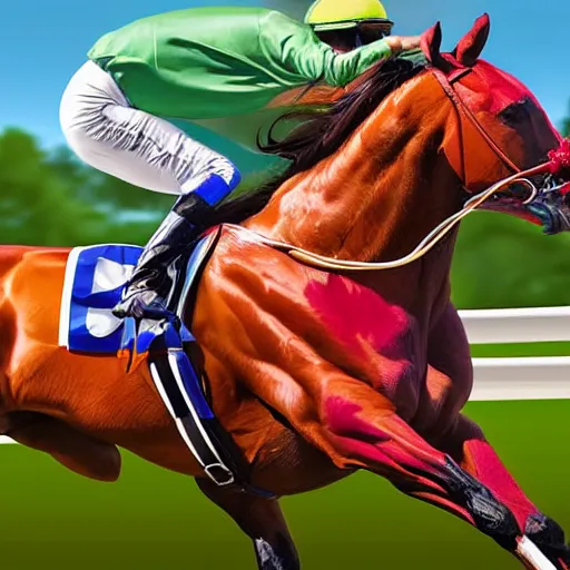 Image similar to close - up front view of a racing thoroughbred stallion ( with jockey in colorful outfit ) galloping extremely hard and emerging headfirst out of very dense ground fog to win a race at the track. photorealistic digital art.