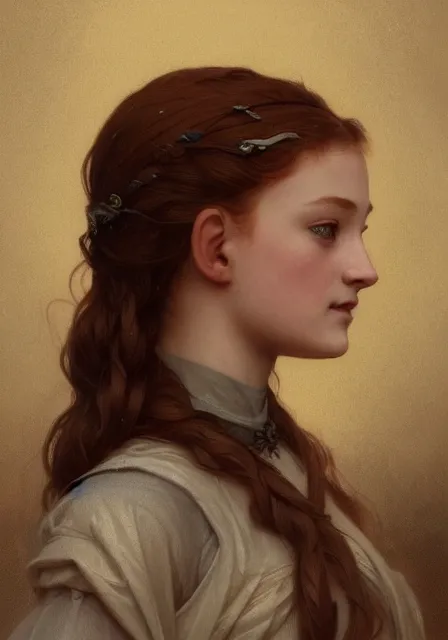 Image similar to little girl sansa stark, intricate, elegant, highly detailed, digital painting, artstation, concept art, smooth, sharp focus, illustration, art by artgerm and greg rutkowski and alphonse mucha and william - adolphe bouguereau