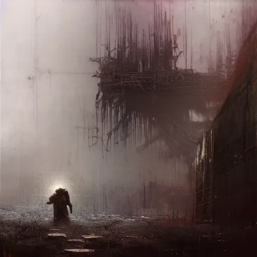 Image similar to lost and alone in an industrial wasteland by gustave dore and gustave moreau and beksinski and giger and craig mullins and jeremy mann