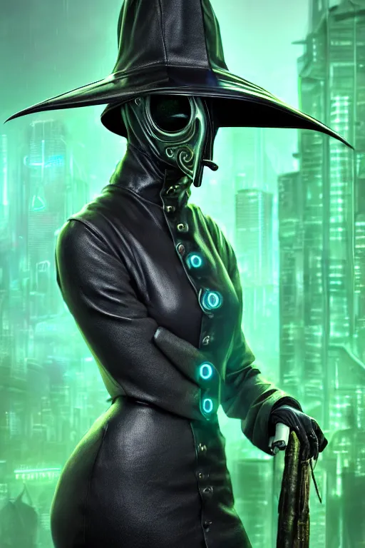 Image similar to wow! 3 / 4 stunning photorealistic portrait of a female plague doctor with a green aura in a kowloon! cyberpunk cityscape, biomechanical leather bodysuit, bioluminescent acid rain, dark fantasy by artgerm and sorayama and alphonse mucha, ultrarealistic, hyperdetailed, trending on artstation, octane render