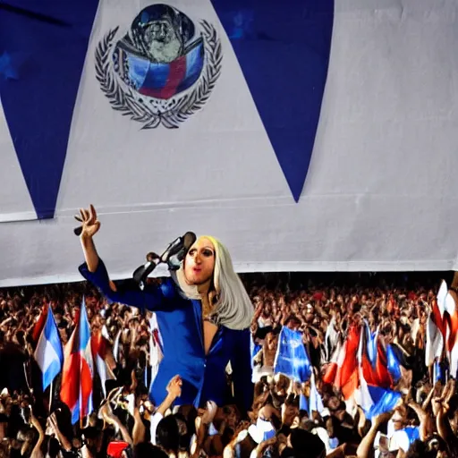 Image similar to Lady Gaga as president, Argentina presidential rally, Argentine flags behind, bokeh, giving a speech, detailed face, Argentina