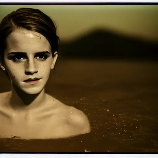 Prompt: night time, emma watson rising out of muddy vietnam river, face covered in mud, low camera angle at water level, night time, dark, polaroid, 2 0 0 mm zoom,