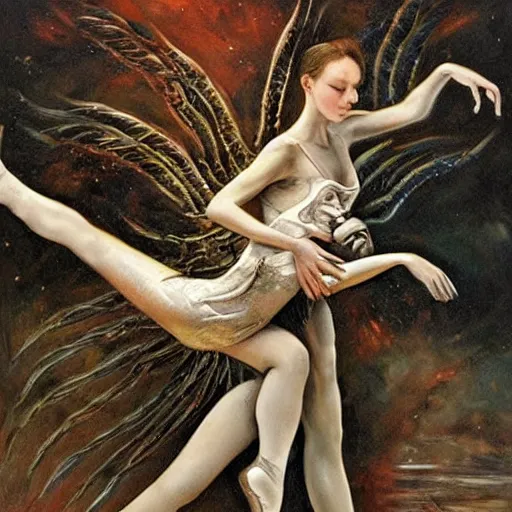 Image similar to a stunning oil painting of a ballerina angel spearing a ballerina demon in an epic battle by h. r. giger