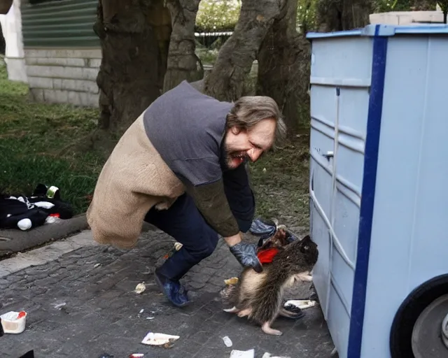 Image similar to slavoj zizek battling with a racoon for food in a trash container in the street