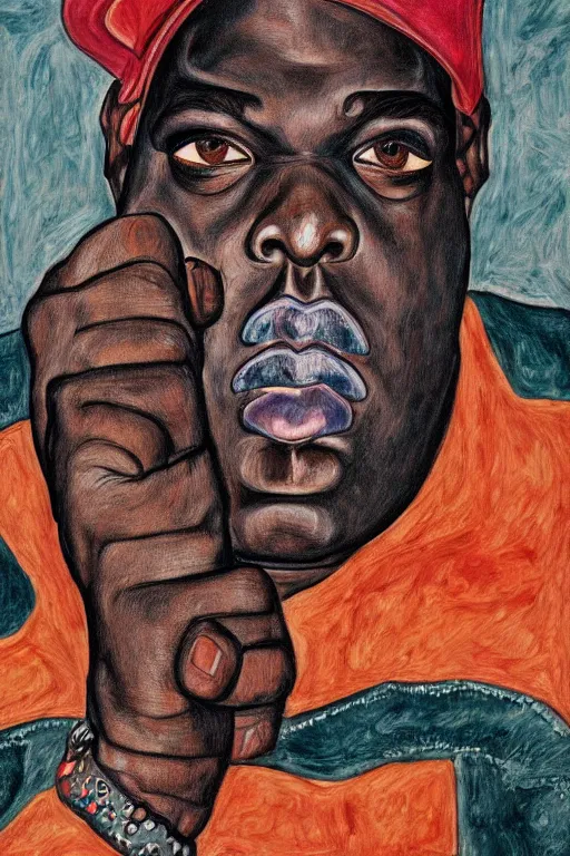 Image similar to a portrait of biggie smalls pointing a gun in style of egon schiele, masterpiece, hyperdetailed, complex, intricate, 4 k, trending on artstation