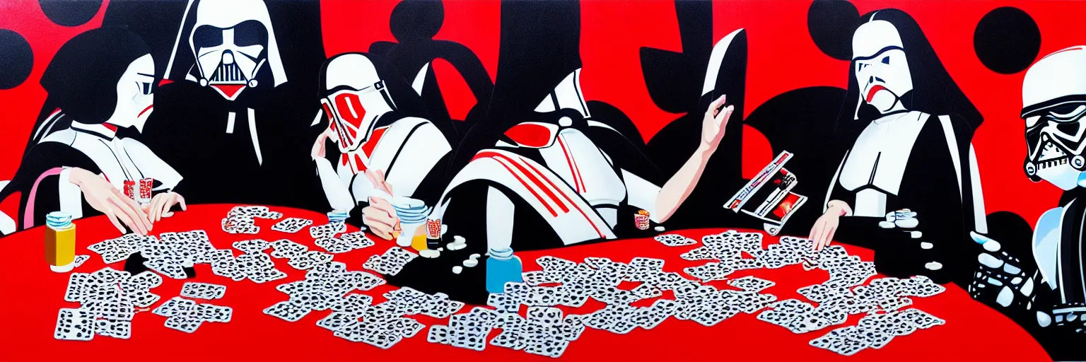 Image similar to hyperrealism composition of the detailed woman in a japanese kimono sitting at an extremely detailed poker table with darth vader and stormtrooper, fireworks on the background, pop - art style, jacky tsai style, andy warhol style, acrylic on canvas