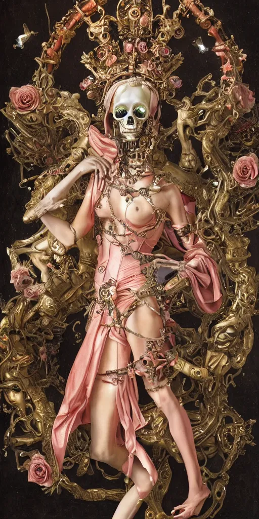 Prompt: a young beautiful Italian metal android with a large glowing pink crystal in the center of her chest, full-body bronze cyberpunk style statue of Andromeda with glowing red eyes, crown of mechanical peach roses, flowing peach silk, fabric, steampunk flowers. baroque elements, human skull. full-length view. baroque element. intricate artwork by caravaggio. many flying horses on background. Trending on artstation, octane render, cinematic lighting from the right, hyper realism, octane render, 8k, depth of field, 3D