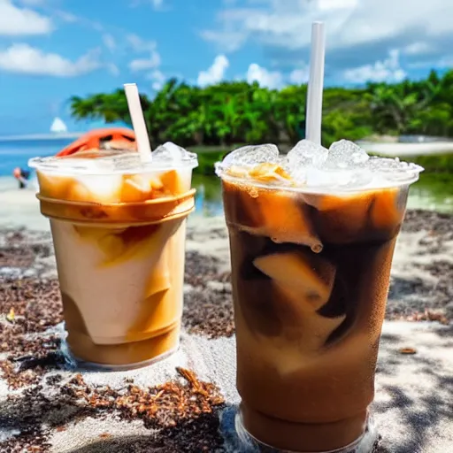 Prompt: 2 monkeys having iced coffee at a beach in the puerto rico