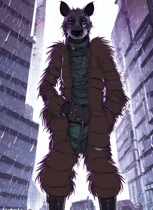 Image similar to character portrait of a male anthro hyena fursona with a tail and a cute beautiful attractive detailed furry face wearing stylish cyberpunk clothes in a cyberpunk city at night while it rains. color page, tankoban, 4K, tone mapping. By Nomax, Kenket, Rukis. comic book style, photorealistic, professional lighting, hyperdetailed, high resolution, high quality, dramatic, deviantart, artstation, 4k, real photo