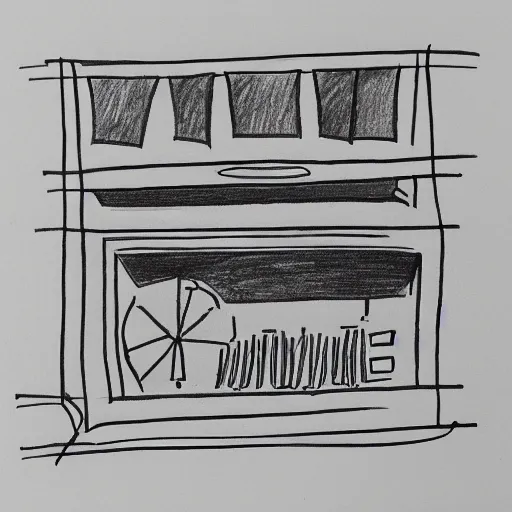 Image similar to very simple line drawing of a furnace with people around it, pen on paper simple drawing by a 7 year old