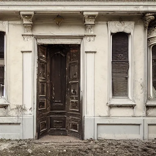 Prompt: façade of an elegant, slightly decaying three-storey 19th-century house with soft, smooth bulbous shapes protruding like wooden lava from the front door and lower windows, surreal, installation art reimagined by industrial light and magic