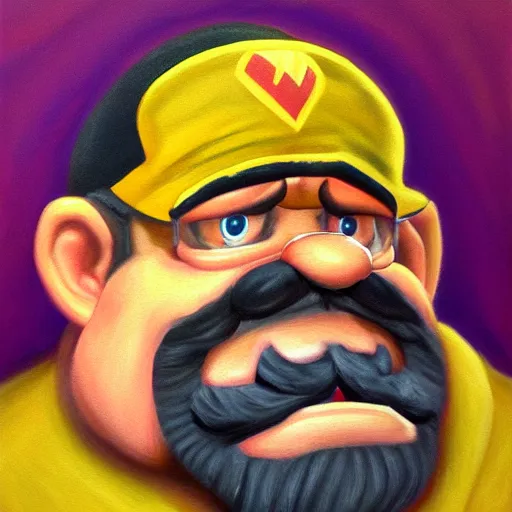 Image similar to Still oil painting of Wario. 8k. Trending. Good lighting.