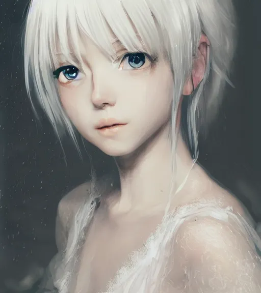 Image similar to Portrait of a white haired anime girl wearing a wet white lace nightgown, intricate, highly detailed, smooth, close-up, artstation, digital illustration by Ruan Jia