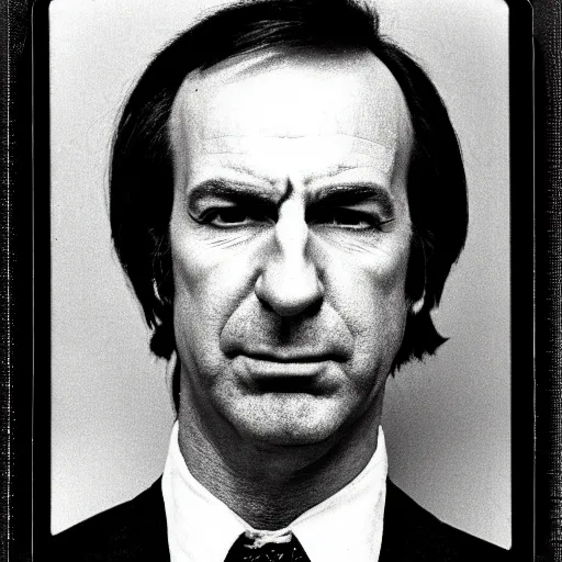 Prompt: Mugshot Portrait of Saul Goodman, taken in the 1970s, photo taken on a 1970s polaroid camera, grainy, real life, hyperrealistic, ultra realistic, realistic, highly detailed, epic, HD quality, 8k resolution, body and headshot, film still, front facing, front view, headshot and bodyshot, detailed face, very detailed face