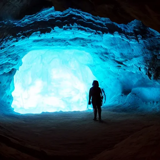 Prompt: a large translucent skull blocking the entrance to a cave emanating a blue glow, subsurface scattering, volumetric light, caustic reflection, adventure mystery cave