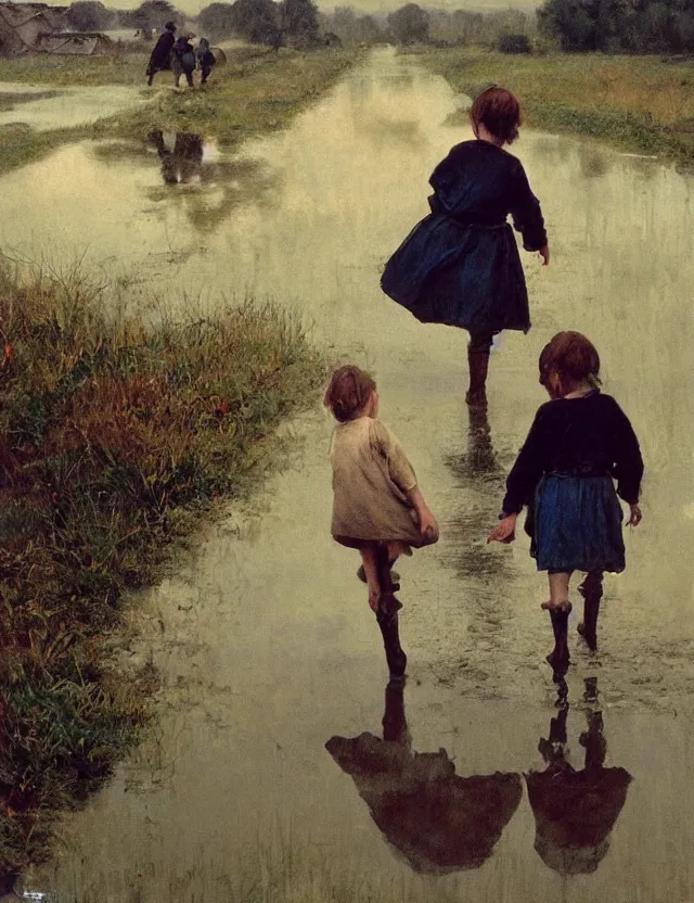Image similar to two peasant children run through a puddle happily, on a village, Cinematic focus, Polaroid photo, vintage, neutral colors, soft lights, foggy, by Steve Hanks, by Serov Valentin, by lisa yuskavage, by Andrei Tarkovsky 8k render, detailed, oil on canvas