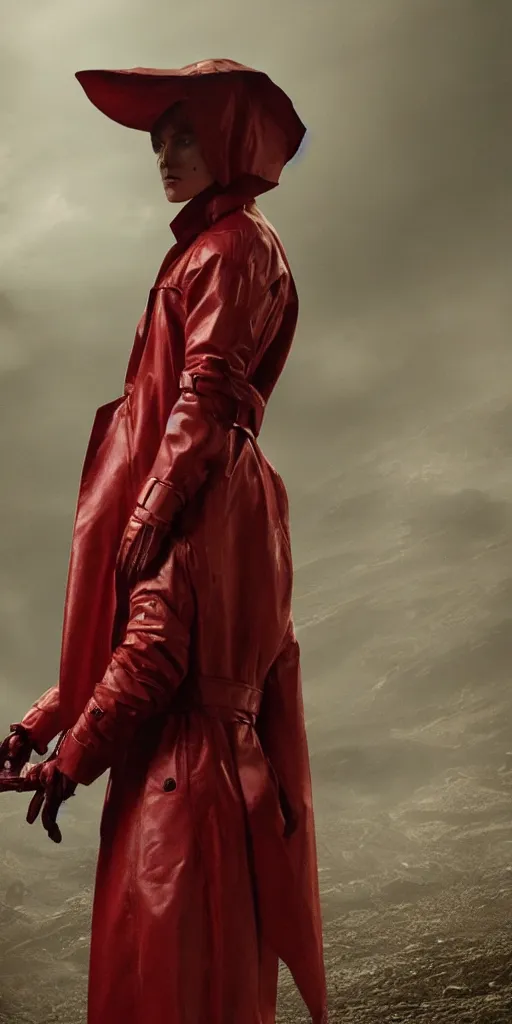 Prompt: alien covenant in a red trench coat, 4k fashion shoot