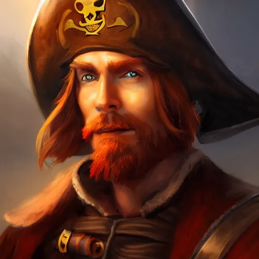 Image similar to handsome charming ginger rogue, long pointed ears, tricorne pirate captain hat, naval background, D&D, fantasy, portrait, cinematic lighting, highly detailed, digital painting, artstation, concept art, smooth, sharp focus, illustration, volumetric lighting, great composition, 8k, art by Greg Rutkowski