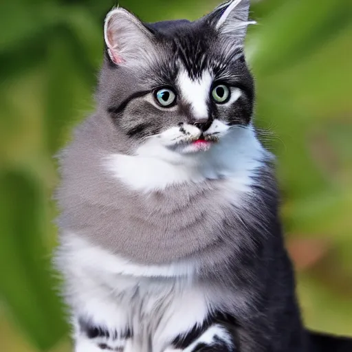 Image similar to cat bird hybrid, cute, fluffy, cat bird is white with black tabby stripes and blue eyes, cat bird has very strong legs, realistic, 4 k