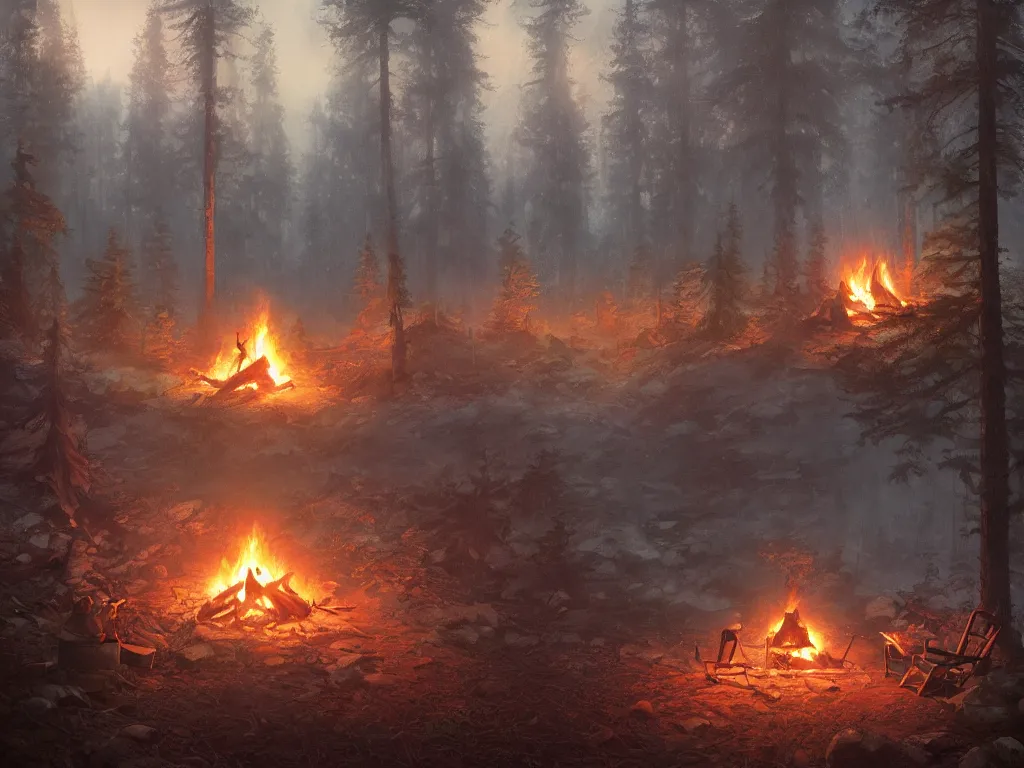 Image similar to A highly detailed matte painting of a lone camp fire in the forest at night by Studio Ghibli, Makoto Shinkai, by Artgerm, by WLOP, by Greg Rutkowski, volumetric lighting, octane render, 4K resolution, trending on artstation, masterpiece