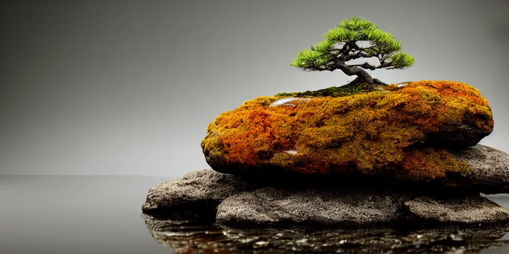 Prompt: photo bonsai cedar on rock made of amber in the water, gold hour, soft lighting, light fog, medium full shot, volumetric lighting, beautiful, ultra detailed, cgsociety by leesha hannigan, thierry doizon, 3 5 mm, fujifilm, cinematic, realistic