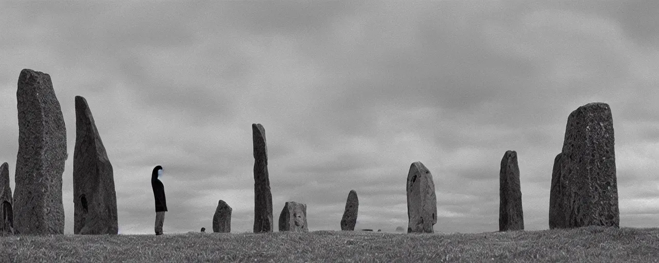 Prompt: The grim reaper stands large in front of neolithic standing stones of stenness, by studio Ghibli