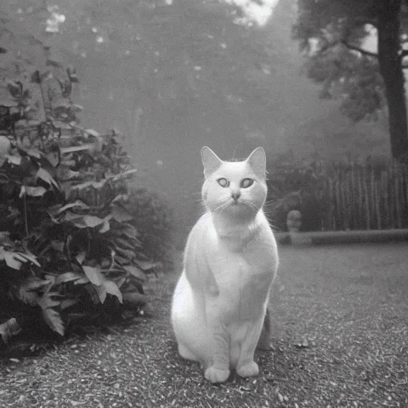 Prompt: an old unclear color-faded photo captured by accident in 1990s about a cat with human body in hotel clerk uniform walk around in a 18th century style garden and smile to the camera, foggy weather atmosphere, spotlight