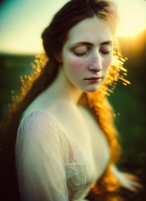 Image similar to Kodak Portra 400, 8K, soft light, volumetric lighting, highly detailed, sharp focus,britt marling style 3/4, Close-up portrait photography of a beautiful woman how pre-Raphaelites a woman with her eyes closed is surrounded by water , face is surrounded by Water Circle. she has a beautiful lace dress and hair are intricate with highly detailed realistic beautiful flowers , Realistic, Refined, Highly Detailed, natural outdoor soft pastel lighting colors scheme, outdoor fine art photography, Hyper realistic, photo realistic