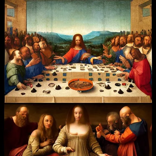 Image similar to A renaissance painting by Leonardo da Vinci that looks like The Last Supper, of a long table, but every character is a baby and the only type of food on the table is milk. There are many bottles of milk on the table. Detailed, realistic, artstation, symmetrical composition