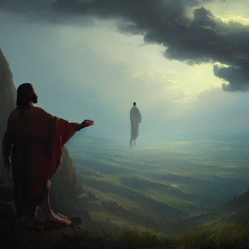 Image similar to painting of god looking down on man, 4k, masterpiece, cinematic lighting, greg rutkowski