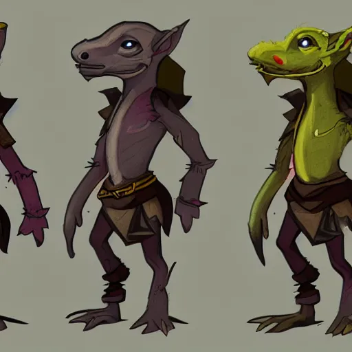Image similar to stylised concept art of a D&D kobold in alternate outfits