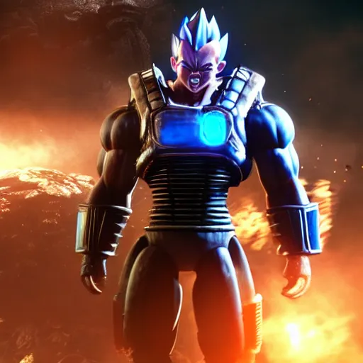 Image similar to vegeta in gears of war, splash art, movie still, cinematic lighting, ray tracing, octane render, long lens, shallow depth of field, bokeh, anamorphic lens flare, 8 k, hyper detailed, 3 5 mm film grain