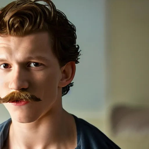 Prompt: tom holland with a big curly mustache