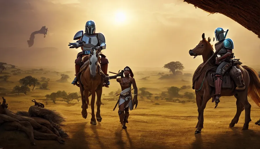 Image similar to mandalorian riding a horse through madagascar with baobabs trees, tribe members chasing for an attach, action scene, an epic fantasy, artgerm and greg rutkowski and alphonse mucha, an epic fantasy, volumetric light, detailed, establishing shot, an epic fantasy, cinematic, photorealistic, ultrarealistic, trending on art station, octane render, midsommar