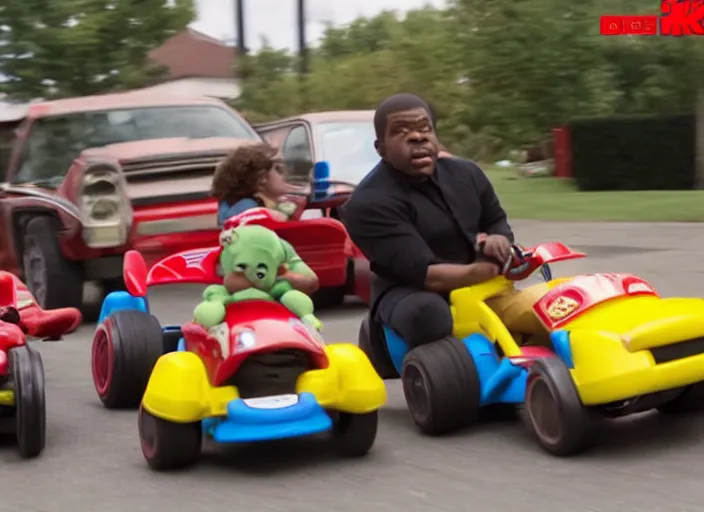 Image similar to peter dinklage racing gary coleman driving a little tikes cars, movie still, from the new fast and furious movie, 8 k, realistic