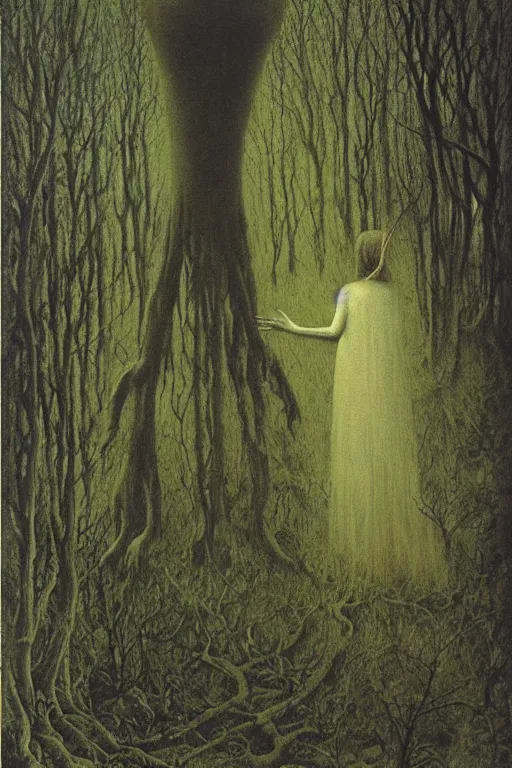 Image similar to zdzisław beksinski painting. a witch in the woods