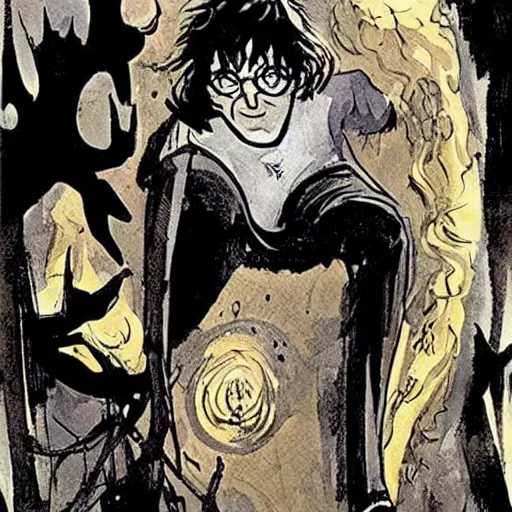 Prompt: in one frame Harry Potter with Sandman in The Sandman comic, by Neil Gaiman, by Dave McKean, comics Sandman, small details, clear faces, high detail