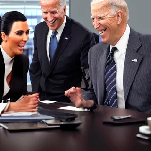 Image similar to stock photo of kim kardashian, joe biden, and bill gates wearing suits and ties laughing in an office building, 8k resolution, full HD, cinematic lighting, award winning, anatomically correct