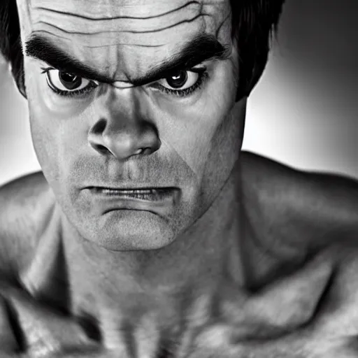 Image similar to Bill Hader as the Incredible Hulk, symmetrical, scowling, studio lighting, depth of field, photography, black and white, highly detailed