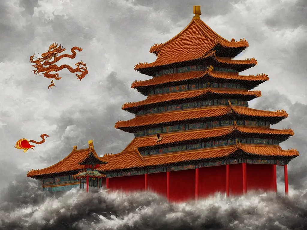 Image similar to forbidden city on the cliff, chinese dragon hovering over the building ， stormy night ， trend on artstation