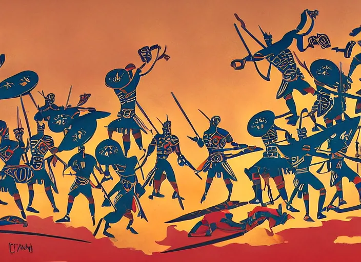 Image similar to trojan warriors in battle versus the us army in the style of artist eyvind earle