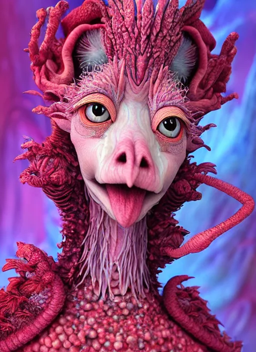 Image similar to hyper detailed 3d render like a Oil painting - kawaii portrait of two Aurora (a beautiful skeksis muppet fae princess protective playful expressive from dark crystal that looks like Anya Taylor-Joy) seen red carpet photoshoot in UVIVF posing in scaly dress to Eat of the Strangling network of yellowcake aerochrome and milky Fruit and His delicate Hands hold of gossamer polyp blossoms bring iridescent fungal flowers whose spores black the foolish stars by Jacek Yerka, Ilya Kuvshinov, Mariusz Lewandowski, Houdini algorithmic generative render, golen ratio, Abstract brush strokes, Masterpiece, Edward Hopper and James Gilleard, Zdzislaw Beksinski, Mark Ryden, Wolfgang Lettl, hints of Yayoi Kasuma and Dr. Seuss, octane render, 8k