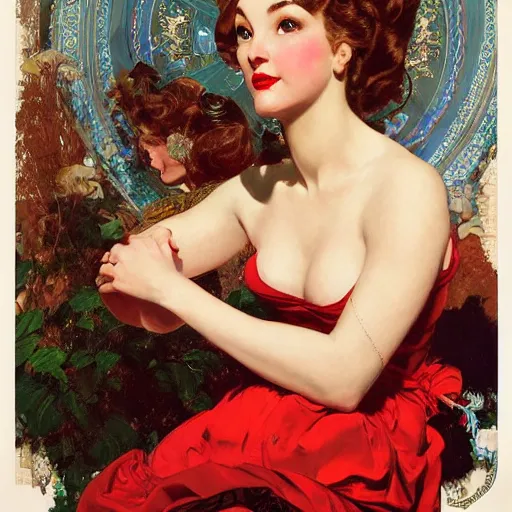 Image similar to portrait of a beautiful woman, intricate, elegant, highly detailed, by gil elvgren, by greg manchess, by mucha, by ruan jia