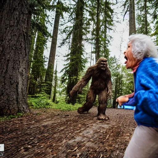 Image similar to elderly woman screaming at bigfoot, canon eos r 3, f / 1. 4, iso 2 0 0, 1 / 1 6 0 s, 8 k, raw, unedited, symmetrical balance, wide angle