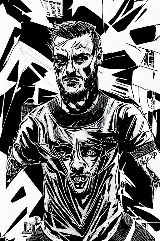 Prompt: jamie vardy as an edgerunner, standing heroically, a page from cyberpunk 2 0 2 0, style of paolo parente, style of mike jackson, adam smasher, johnny silverhand, 1 9 9 0 s comic book style, white background, ink drawing, black and white