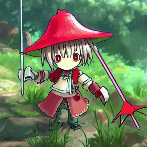 Image similar to cute robot with big tomato hat and a chive sword, made in abyss style