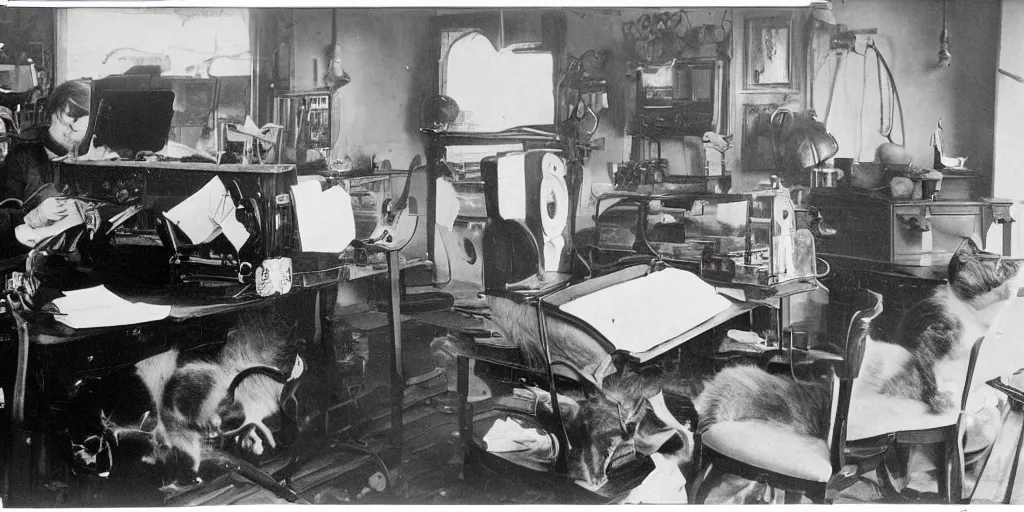 Prompt: an old black and white vintage film photo from 1890, very serious cats working in Tec support, frustrated and annoyed, funny, rotary phone and tools on the desk