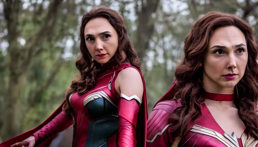 Prompt: high quality photo of a cosplaying Gal Gadot as Scarlet Witch , photography 4k, f1.8 anamorphic, bokeh, 4k,