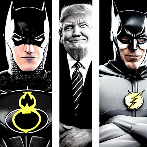 Prompt: group photo of Barack Obama as Batman, Donald trump as aqua man, and Joe Biden as The Flash. studio lighting, depth of field, photography, black and white, highly detailed